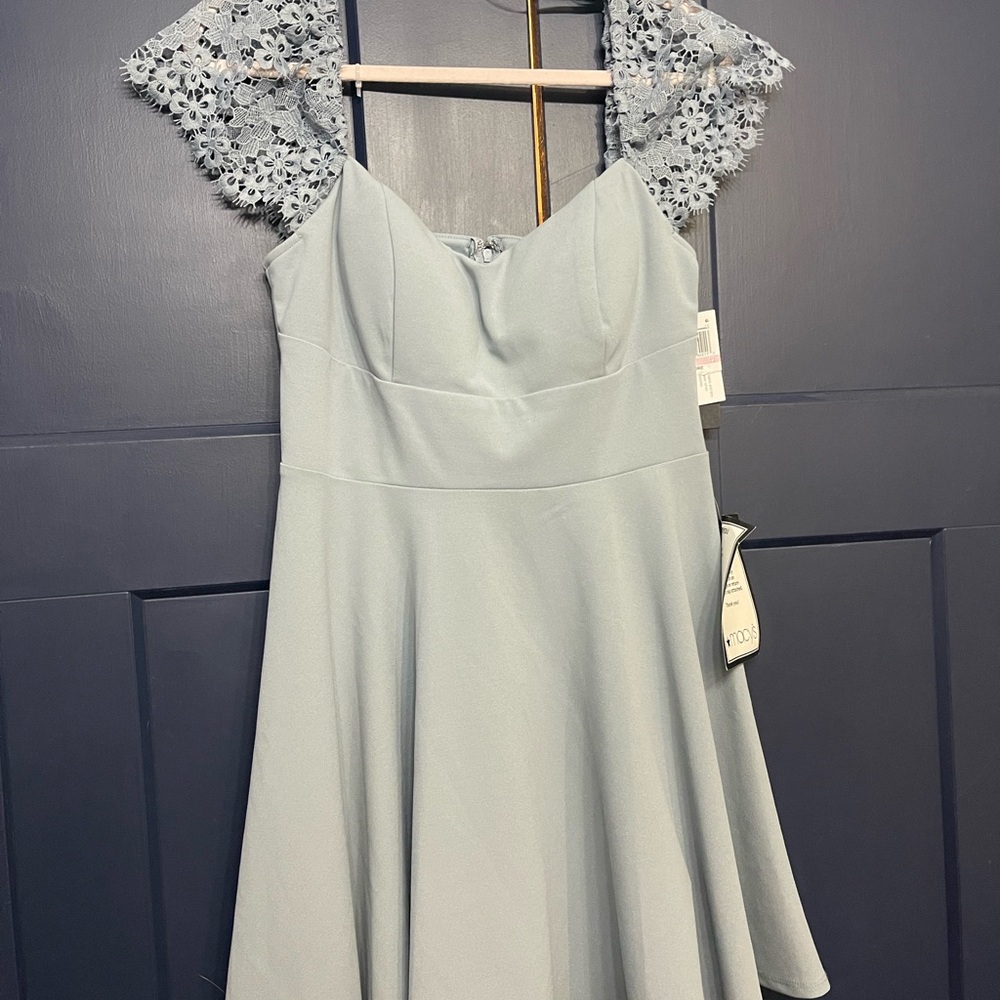 Elegant dusty Blue Dress with Lace Sleeves